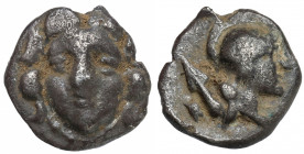Greece, Pisidia, Selge, AR Obol (350-300 BC) Obverse: Gorgoneion facing. Reverse: Head of Athena wearing attic helmet right, spear behind. Silver, dia...