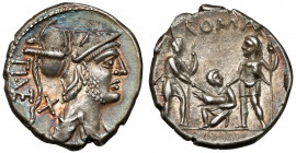 Roman Republic, Ti. Veturius (137 BC) AR Denarius Obverse: X / TI• VET (ligate) Helmeted and draped bust of Mars to right. Reverse: ROMA Two soldiers,...