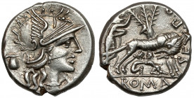 Roman Republic, Sextus Pompeius Faustulus (137 BC) AR Denarius Obverse: Helmeted head of Roma right, jug behind, X below chin. Reverse: SEX PO FOSTLVS...