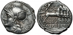 Roman Republic, M. Baebius Q. f. Tampilus (137 BC) AR Denarius Obverse: X / TAMPI Helmeted head of Roma to left. Reverse: ROMA / M•BAEBI•Q•F Apollo in...