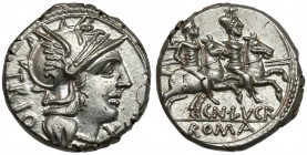 Roman Republic, Cn. Lucretius Trio (136 BC) AR Denarius Obverse: TRIO Helmeted head of Roma right; X (mark of value) below chin. Reverse: CN•LVCR&nbsp...