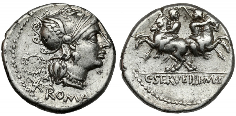 Roman Republic, C. Servilius M.f. (136 BC) AR Denarius Obverse: ROMA Bust of Rom...
