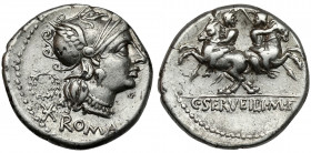 Roman Republic, C. Servilius M.f. (136 BC) AR Denarius Obverse: ROMA Bust of Roma right, wearing winged helmet and necklace, wreath to left, mark of v...