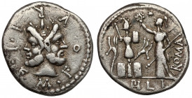 Roman Republic, M. Furius L.f. Philus. (119 BC) AR Denarius Obverse:&nbsp;M• FOVRI • L•F• Laureate head of Janus. Reverse: ROMA / PHILI Roma standing ...