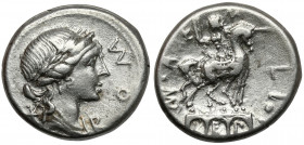 Roman Republic, Mn. Aemilius M.f. Lepidus (114-113 BC) AR Denarius Obverse: ROMA. Laureate, diademed, and draped bust of Roma right; mark of value to ...