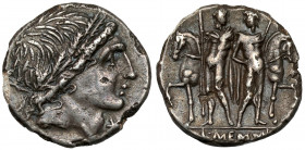 Roman Republic, L. Memmius (109-108 BC) AR Denarius Obverse: Male head right, wearing oak wreath; below chin, star (mark of value). Reverse: L•MEMMI T...