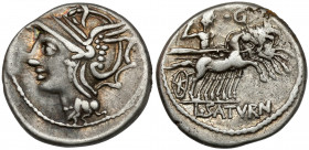 Roman Republic, L. Appuleius Saturninus (104 BC) AR Denarius Obverse: Helmeted head of Roma left. Reverse: L•SATVRN Saturn driving quadriga right; •G•...