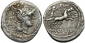 Roman Republic, M. Lucilius Rufus (101 BC) AR Denarius Obverse: PV Head of Roma right, wearing winged helmet. Reverse: RVF / M•LVCILI Victory in biga ...