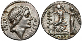 Roman Republic, C. Poblicius Malleolus, A. Postumius Sp. f. Albinus i L. Metellus AR (96 BC) AR Denarius Obverse: A•ALB•S•F / L•METEL Laureate head of...