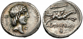 Roman Republic, L. Calpurnius Piso Frugi (90 BC) AR Denarius Obv: q Laureate head of Apollo right; trident to left. Rev: L PISO FRVGI Warrior riding h...