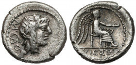 Roman Republic, M. Cato (89 BC) AR Quinarius Obv: M•CATO Head of Libertas right, wearing ivy wreath. Rev: VICTRIX Victory seated right on throne, hold...