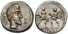 Roman Republic, L.Tituri, L.f Sabinus (89 BC) AR Denarius Obverse: SABIN Bareheaded and bearded head of King Tatius right; monogram to right. Reverse:...