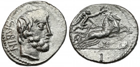 Roman Republic, L.Tituri, L.f Sabinus (89 BC) Denar Obverse: SABIN. Bare and bearded head of King Tatius right. Reverse: L•TITVRI Victory driving biga...