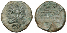Roman Republic, L. Rubrius Dossenus (87 BC) AE As Obverse:&nbsp;Laureate head of bearded Janus; in centre, a cylindrical altar round which a serpent i...