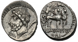 Roman Republic, L. i C. Memmius L. f. Galeria (89 BC) AR Denarius Obv: EX•S•C
 Laureate head of Saturn left; palm frond behind. Rev: L C MEMIES L F G...