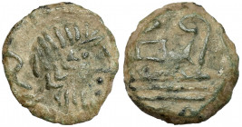 Roman Republic, unofficial Imitative AE Semis after 91 BC Spanish mint.&nbsp; Obverse: Laureate head of Saturn right; S behind Reverse: Prow right; S ...