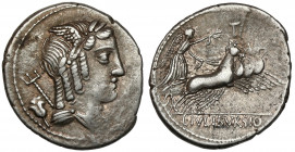 Roman Republic, L. Iulius Bursio (85 BC) AR Denarius Obv: Laureate bust of Apollo right; trident and control mark behind. Rev: L•IVLI BVRSIO Victory d...