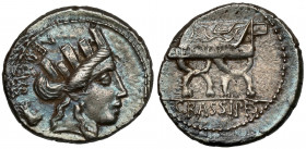 Roman Republic, P. Furius Crassipes (84 BC) AR Denarius Obverse: AED CVR Turreted head of Cybele right; foot to left. Reverse: P. FOVRIVS Curule chair...