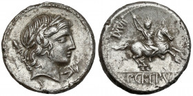 Roman Republic, P. Crepusius (82 BC) AR Denarius Obverse: Laureate head of Apollo right; sceptre and I to left. Reverse: P•CREPVSI Warrior on horse re...