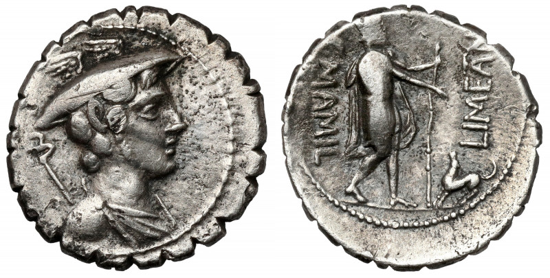 Roman Republic, C. Mamilius Limetanus (82 BC) AR serrate Denarius Obverse: Drape...