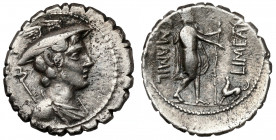 Roman Republic, C. Mamilius Limetanus (82 BC) AR serrate Denarius Obverse: Draped bust of Mercury right, wearing winged petasus, control mark. Reverse...