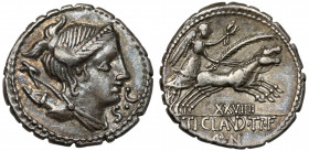 Roman Republic, T. Claudius Nero (79 BC) AR Denarius serratus Obverse: S•C Draped bust of Diana to right, with bow and quiver over shoulder. Reverse: ...