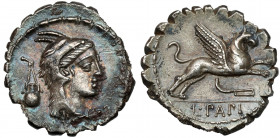 Roman Republic, L. Papius (79 BC) AR Denarius serratus Inner corosion.&nbsp; Obverse: Head of Juno Sospita to right, wearing goat's skin, aryballos be...