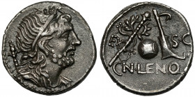 Roman Republic, Cn. Cornelius Lentulus (76-75 BC) AR Denarius Spanish mint (?) Obverse: G•P•R Diademed and draped bust of Genius Populi Romani to righ...