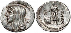 Roman Republic, L. Cassius Longinus (63 p.n.e.) AR Denarius Obverse: Diademed and veiled head of Vesta to left, letter L below chin, in right field ky...