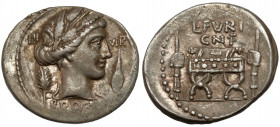 Roman Republic, L. Furius Cn. f. Brocchus (63 BC) AR Denarius Obverse: III – VIR / BROCCHI Head of Ceres to right, at sides, corn ear and barley grain...