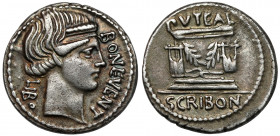 Roman Republic, L. Scribonius Libo (62 p.n.e.) AR Denarius Obverse:BON EVENT LIBO Head of Bonus Eventus right. Revers: PVTEAL / SCRIBON Altar (Puteal ...