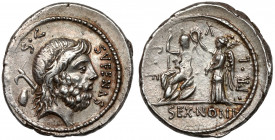 Roman Republic, M. Nonius Sufenas (59 BC) AR Denarius Obv: SVFENAS S•C Bearded head of Saturn right; harpa and baetylus to right. Rev: SEX•NONI&nbsp;/...
