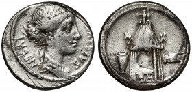 Roman Republic, Q. Cassius Longinus (55 BC) AR Denarius Obverse: Q•CASSIVS / LIBERT Head of Libertas right.
 Reverse: Curule chair within temple of V...