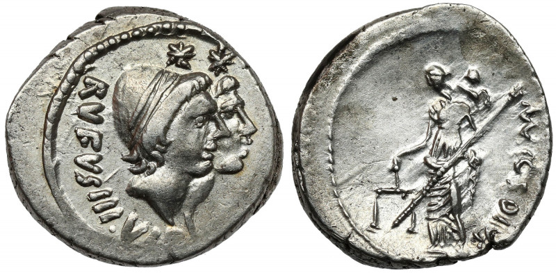 Roman Republic, Mn. Cordius Rufus (46 BC) AR Denarius Obverse: RVFVS III•VIR Con...