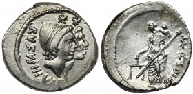 Roman Republic, Mn. Cordius Rufus (46 BC) AR Denarius Obverse: RVFVS III•VIR Conjoined heads of the Dioscuri to right, wearing pilei with fillet surmo...
