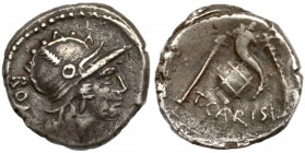 Roman Republic, T. Carisius (46 BC) AR Denarius Obverse: ROMA. Helmeted head of Roma right. Reverse: T•CARISI Sceptre, cornucopia on globus and rudder...