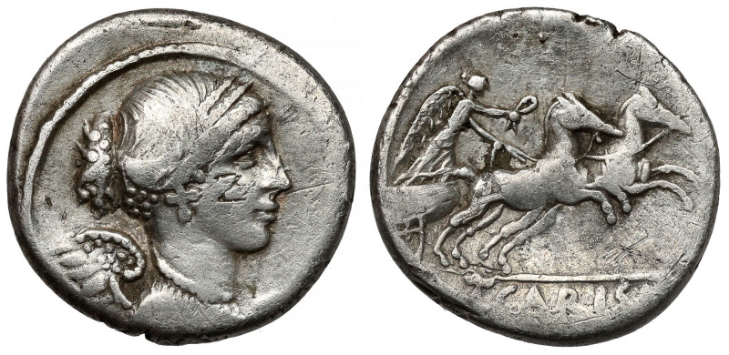 Roman Republic, T. Carisius (46 BC) AR Denarius Obverse:&nbsp;Winged bust of Vic...