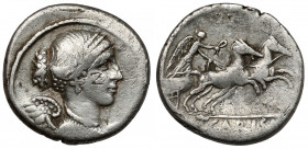 Roman Republic, T. Carisius (46 BC) AR Denarius Obverse:&nbsp;Winged bust of Victoriy right with a jewel in the forehead and diadem of pearls. Reverse...