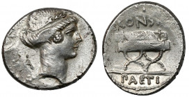 Roman Republic, C. Considius Paetus (46 BC) AR Denarius Obverse: Laureate head of Apollo to right, letter A behind. Reverse: Curule chair on which lie...