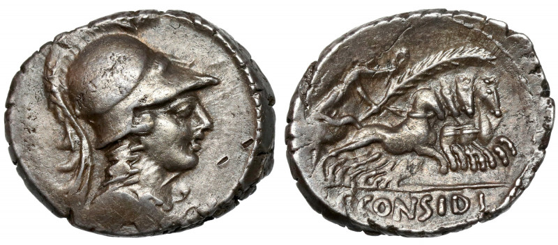 Roman Republic, C. Considius Paetus (46 BC) AR Denarius Obverse: Helmeted bust o...