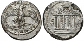 Roman Republic, Petillius Capitolinus (41 BC), AR Denarius Obverse: PETILLIVS / CAPITOLINVS Eagle on thunderbolt right, with open wings. Reverse: S-F ...