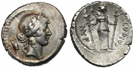 Roman Republic, P. Clodius M. f. Turrinus (42 BC) AR Denarius Obverse: Laureate head of Apollo right; lyre to left. Rev: P•CLODIVS / M•F&nbsp; Diana s...