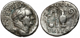 Vespasian (69-79 AD) AR Denarius, Rome Obverse: IMP CAES VESP AVG P M Laureate and draped bust right. Reverse: AVGVR / TRI POT Simpulum, sprinkler, ju...