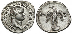 Titus (79-81 AD) AR Denarius, Rome Obverse: T CAESAR IMP VESPASIANVS Laureate head right. Reverse: COS-V Eagle standing on cippus, head left. Silver, ...