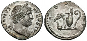 Hadrian (117-138 AD) AR Denarius Obverse: HADRIANVS AVGVSTVS&nbsp; Laureate and draped bust right. Reverse: COS III Simpulum, sprinkler, jug and lituu...