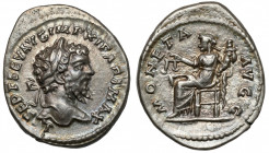 Septimius Severus (193-211 AD) Denar Laodicea Obverse: L SEPT SEV AVG IMP XI PART MAX Laureate head right. Reverse: MONETA AVGG Moneta seated left, ho...