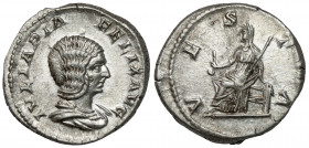 Julia Domna (193-217 AD) AR Denarius, Rome Obverse: IVLIA PIA FELIX AVG Draped bust right.
 Reverse: VESTA Vesta seated left, holding simpulum and sc...