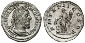 Macrinus (217-218 AD) AR Denarius, Rome Obverse: IMP C M OPEL SEV MACRINVS AVG Laureate and cuirassed bust right.
 Reverse: P M TR P II COS P P Annon...