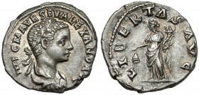 Alexander Sever (222-235 AD) AR Denarius, Rome Obverse: IMP C M AVG SEV ALEXAND AVG Laureate, cuirassed and draped bust right. Reverse: LIBERTAS AVG L...
