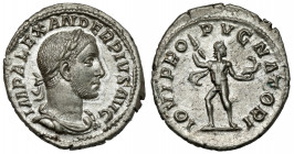 Alexander Sever (222-235 AD) AR Denarius, Rome Obverse: IMP ALEXANDER PIVS AVG Laureate, draped and cuirassed bust. Reverse: IOVI PRO-PVGNATORI Jupite...